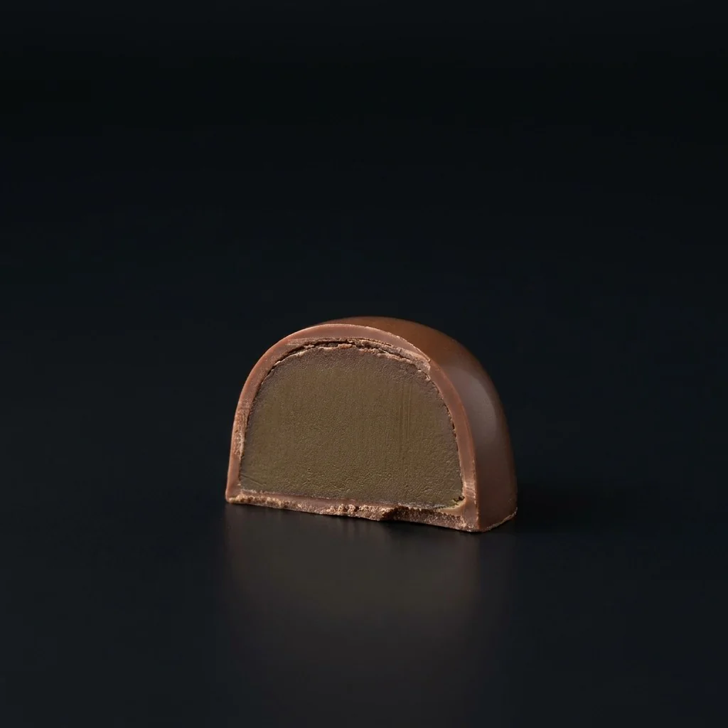 Bombón de Ganache de kiwi y chocolate 70%, cortado para mostrar el relleno