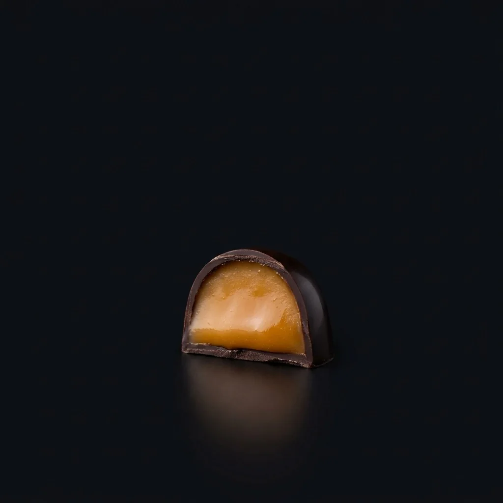 Bombón de Caramelo de mango, cortado para mostrar el relleno