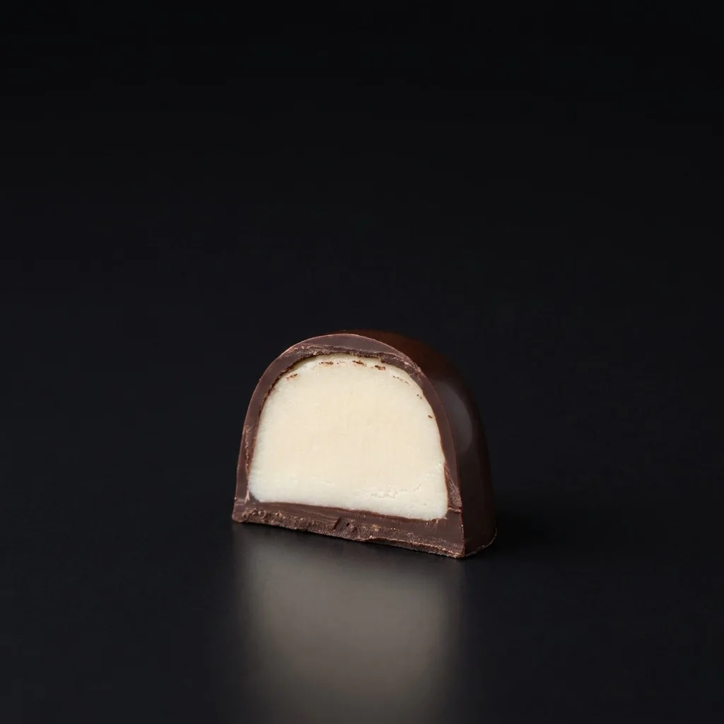 Bombón de Ganache de coco, cortado para mostrar el relleno