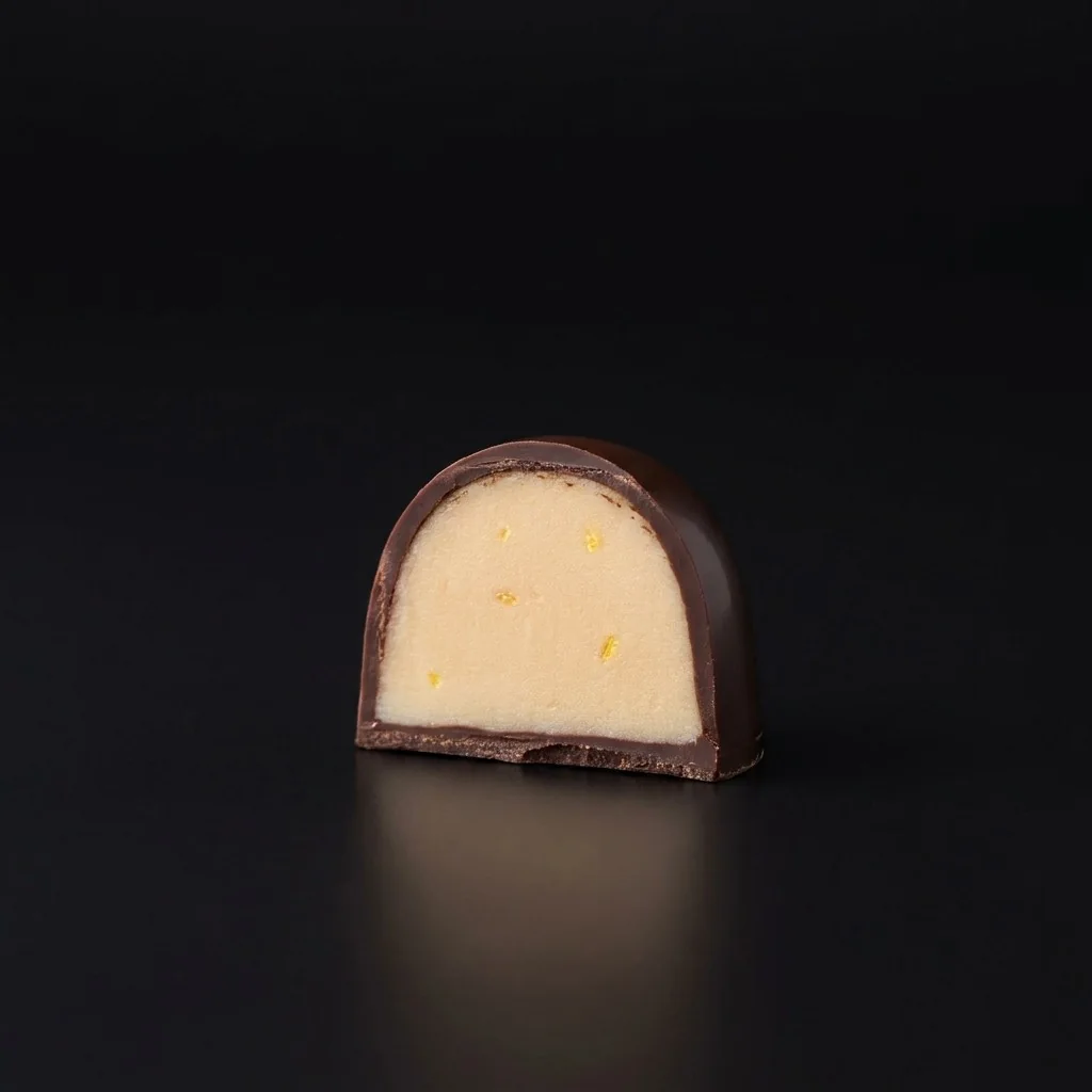 Bombón de Almendra y piña, cortado para mostrar el relleno