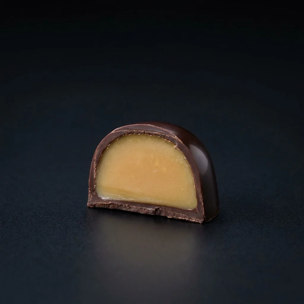 Bombón de Caramelo de lima y tequila, cortado para mostrar el relleno