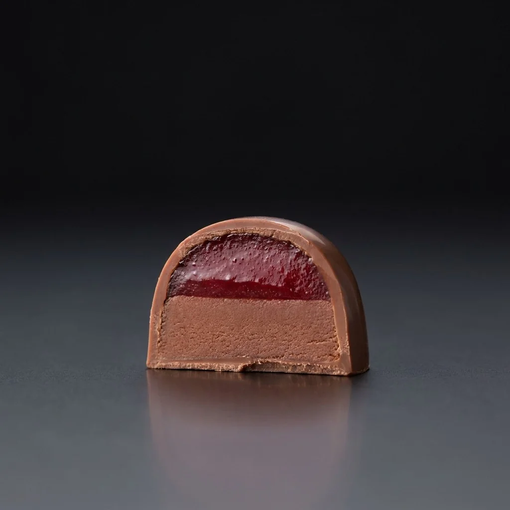 Bombón de Frutos rojos y mazapán, cortado para mostrar el relleno