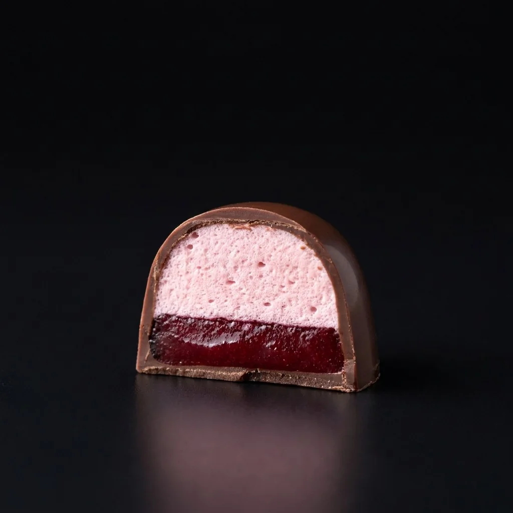 Bombón de Malvavisco de cereza y chile, cortado para mostrar el relleno