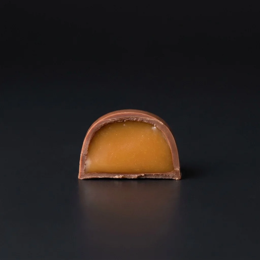 Bombón de Caramelo de manzana, cortado para mostrar el relleno