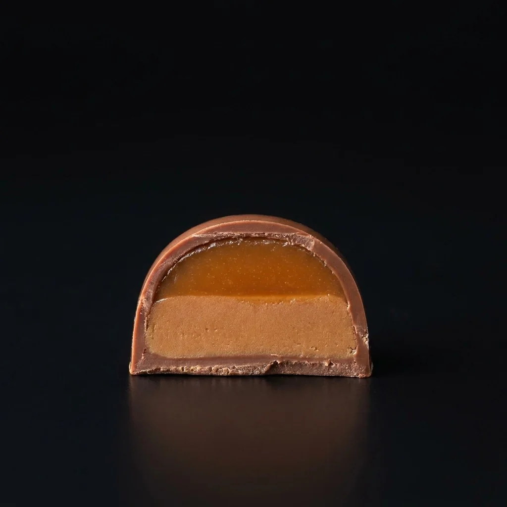 Bombón de Praliné de avellana y caramelo salado, cortado para mostrar el relleno