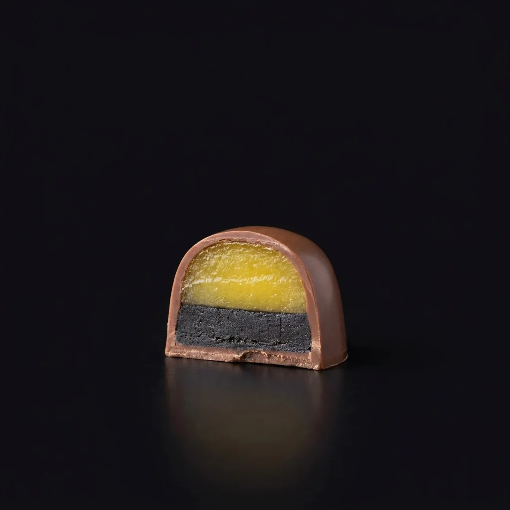 Bombón de Praliné de sésamo negro y yuzu, cortado para mostrar el relleno