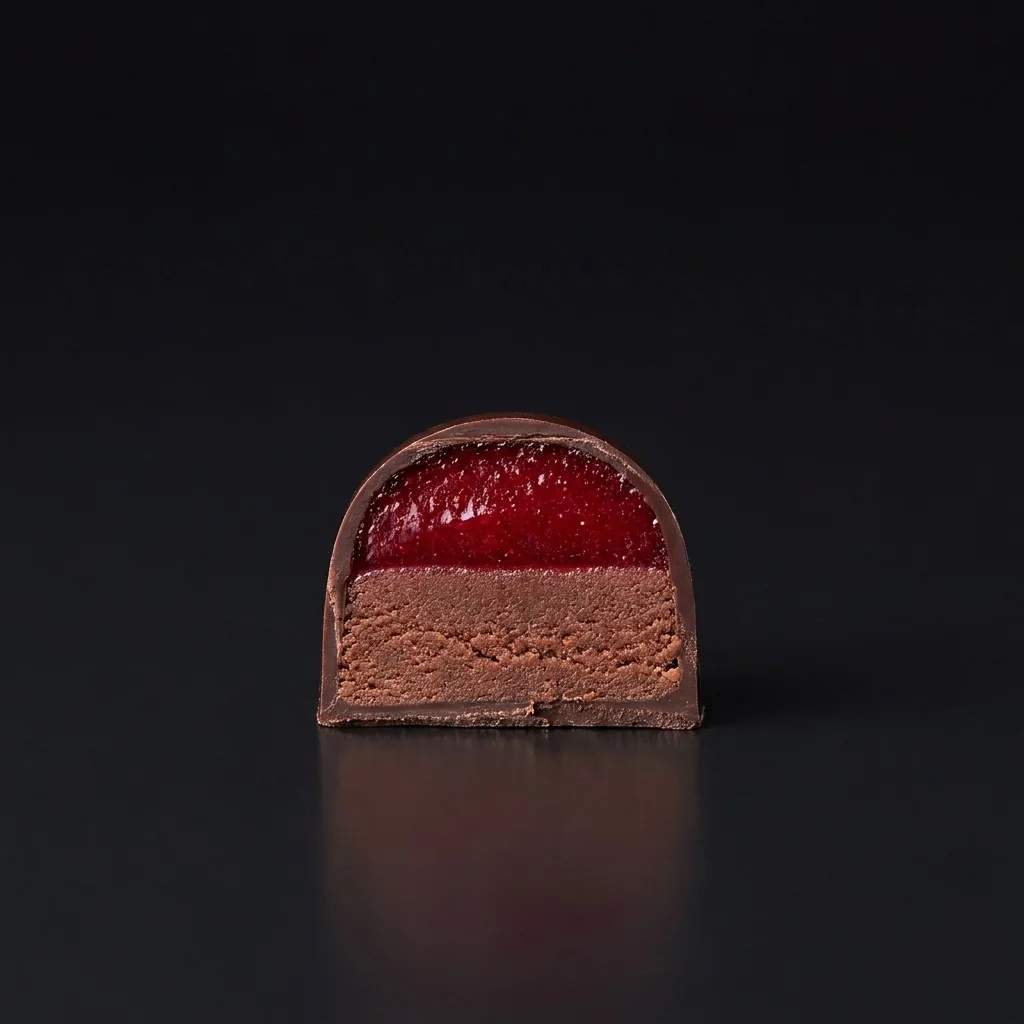 Bombón de Mazapán de chocolate y frambuesa, cortado para mostrar el relleno