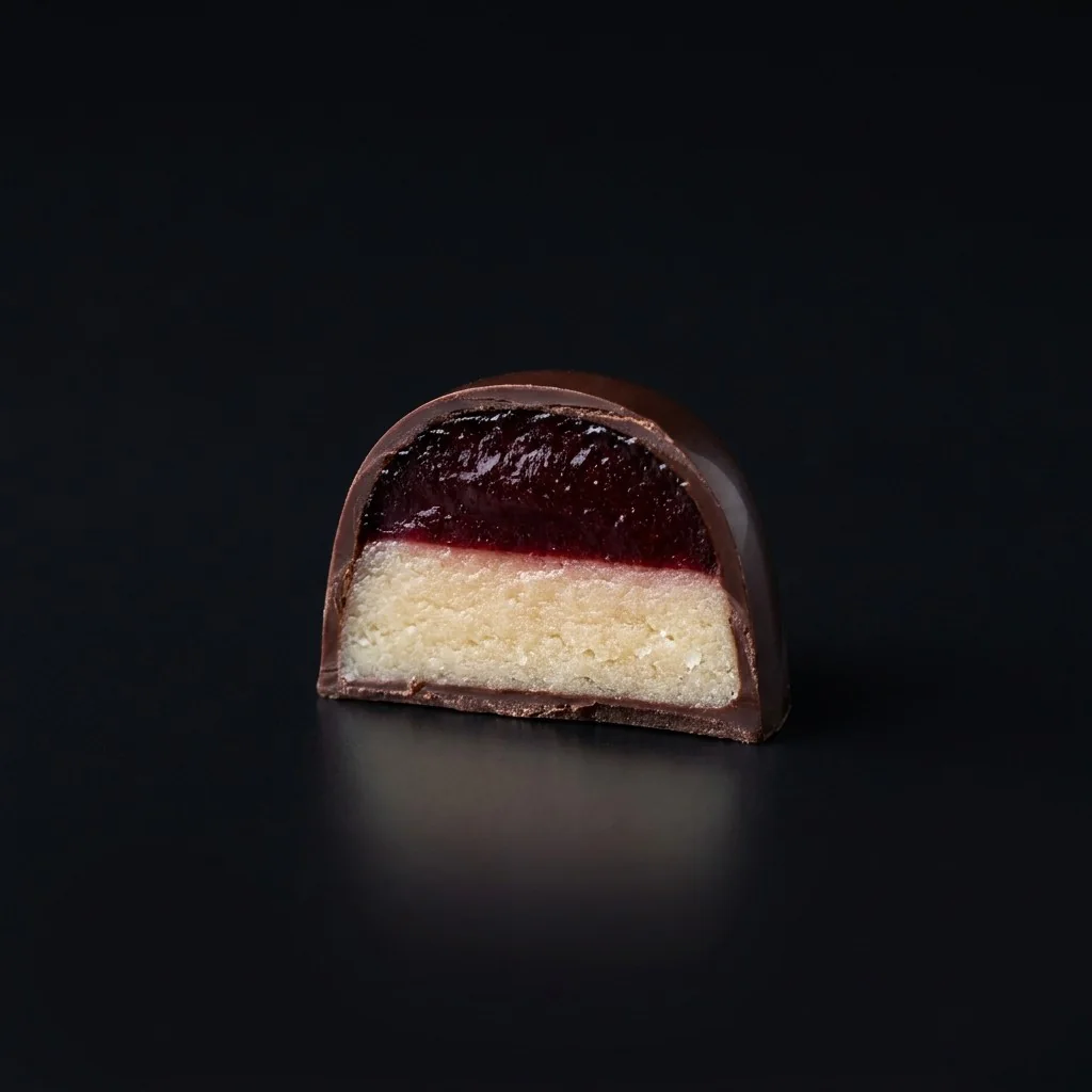 Bombón de Almendra y cereza negra, cortado para mostrar el relleno