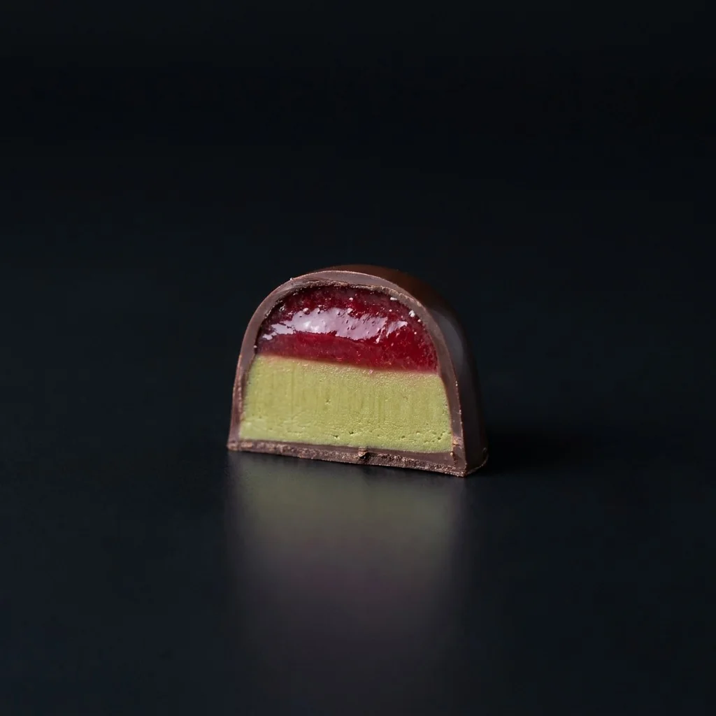 Bombón de Ganache de pistacho y frambuesa, cortado para mostrar el relleno