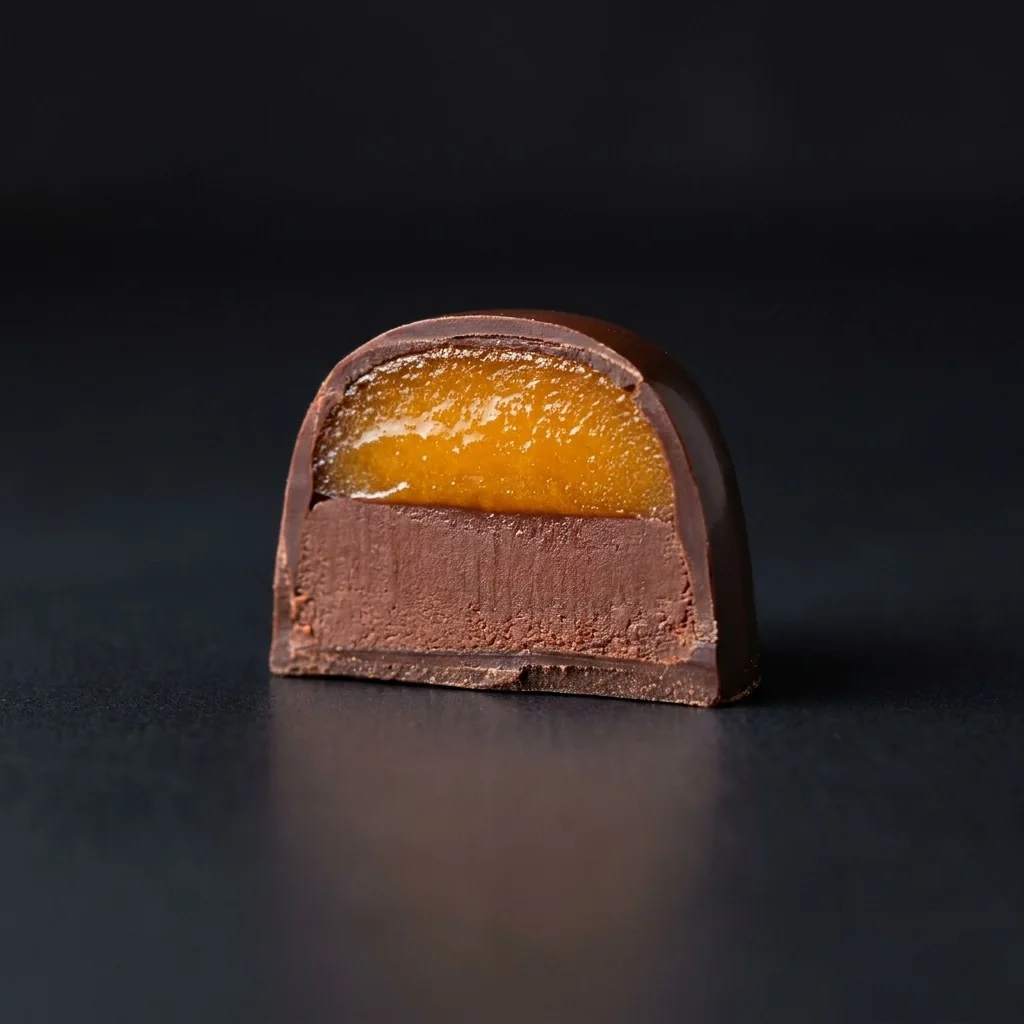 Bombón de Maracuyá y ganache oscura, cortado para mostrar el relleno