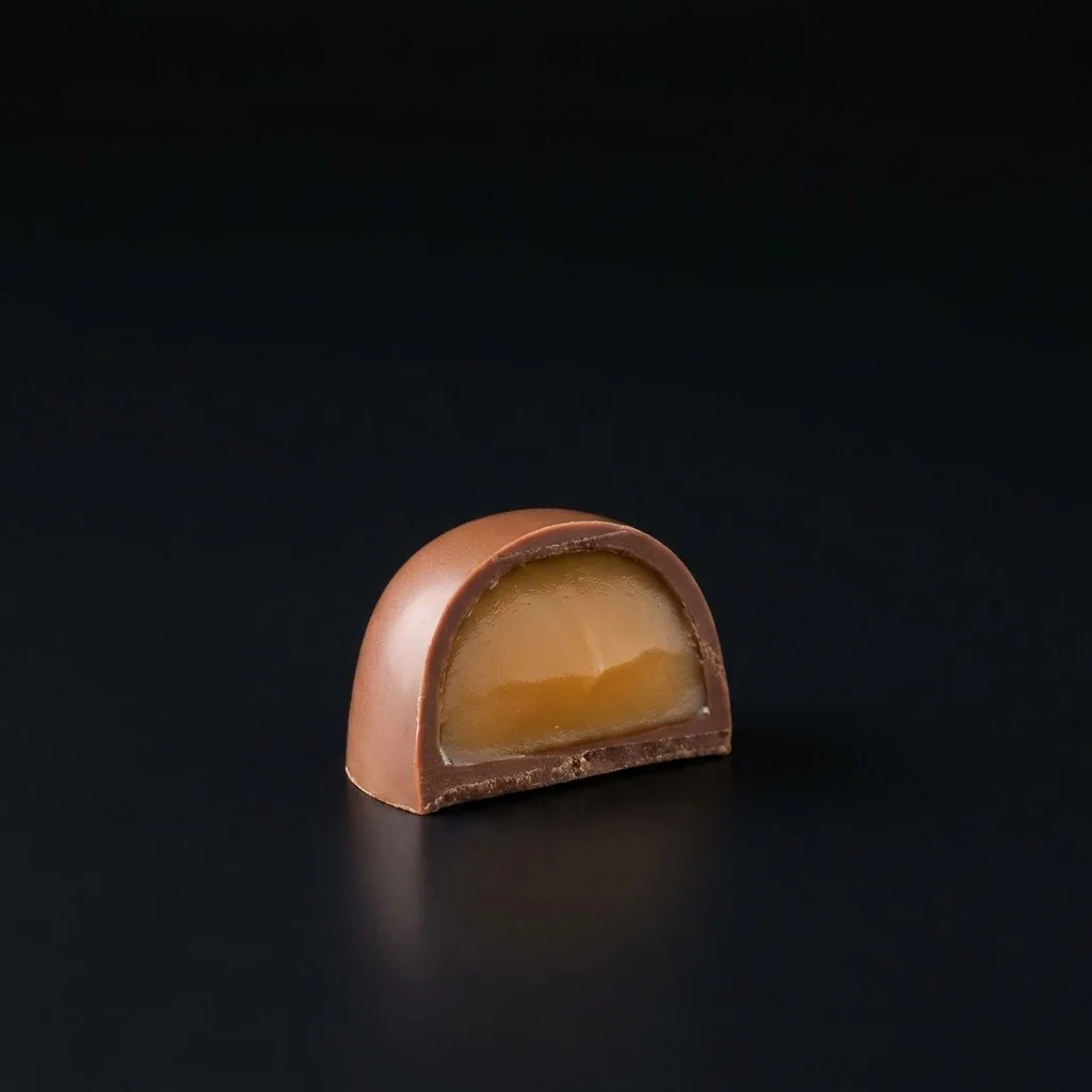 Bombón de Ganache de whisky y miel, cortado para mostrar el relleno