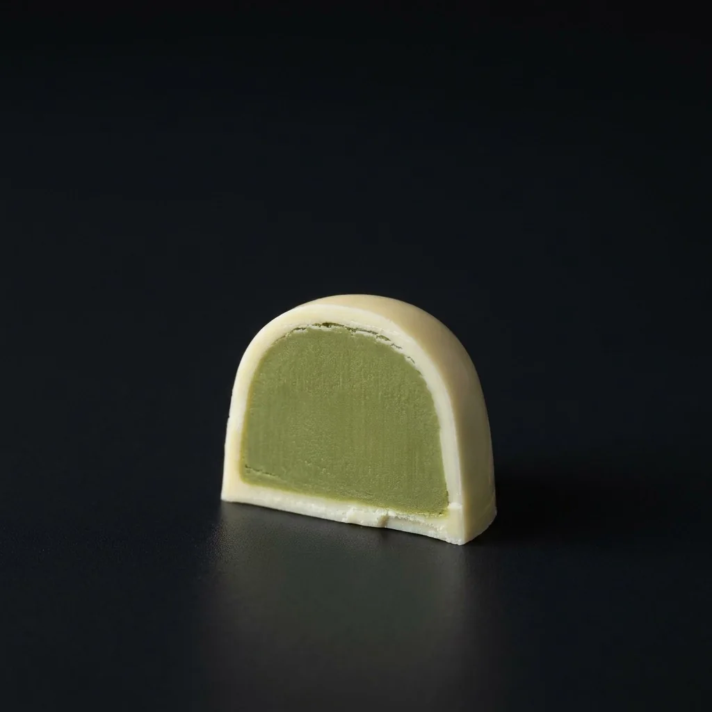 Bombón de Ganache de matcha y chocolate blanco, cortado para mostrar el relleno