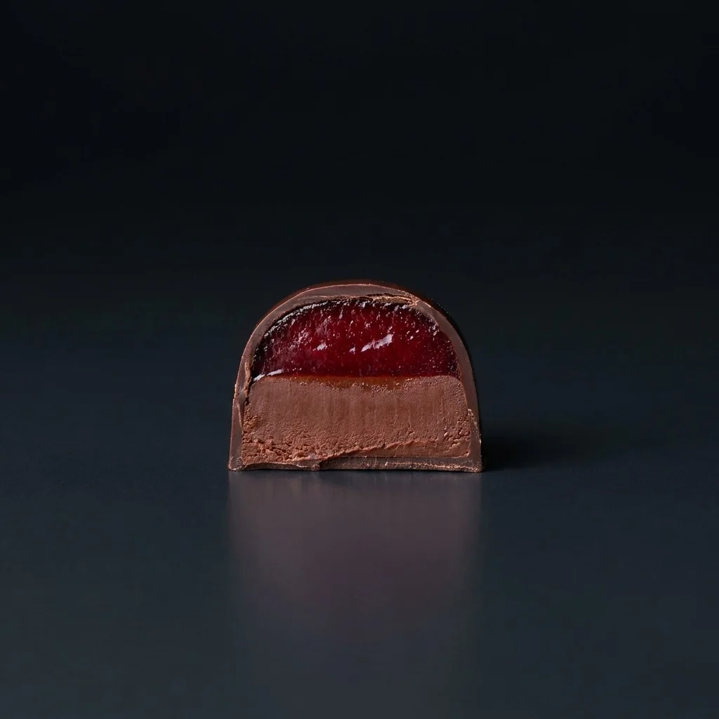 Bombón de Frambuesa y ganache oscura, cortado para mostrar el relleno