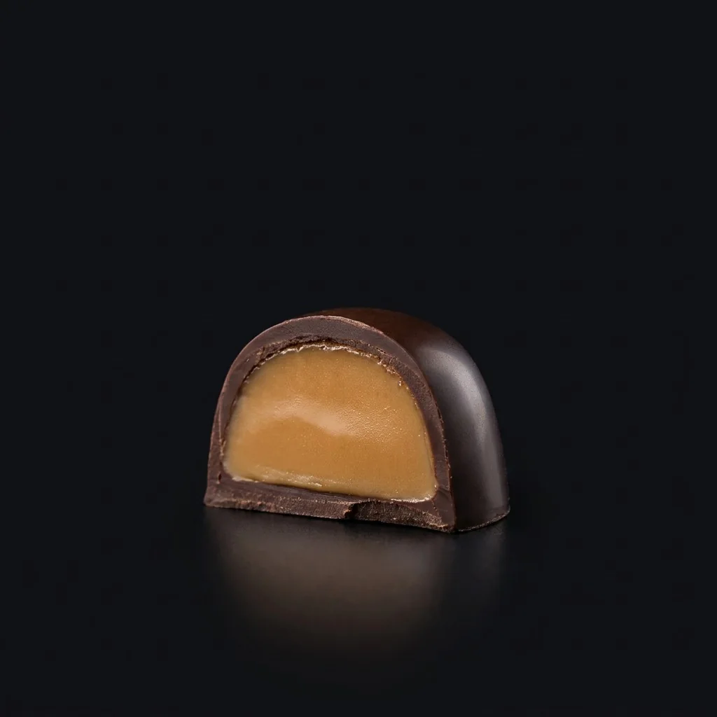 Bombón de Caramelo de café, cortado para mostrar el relleno