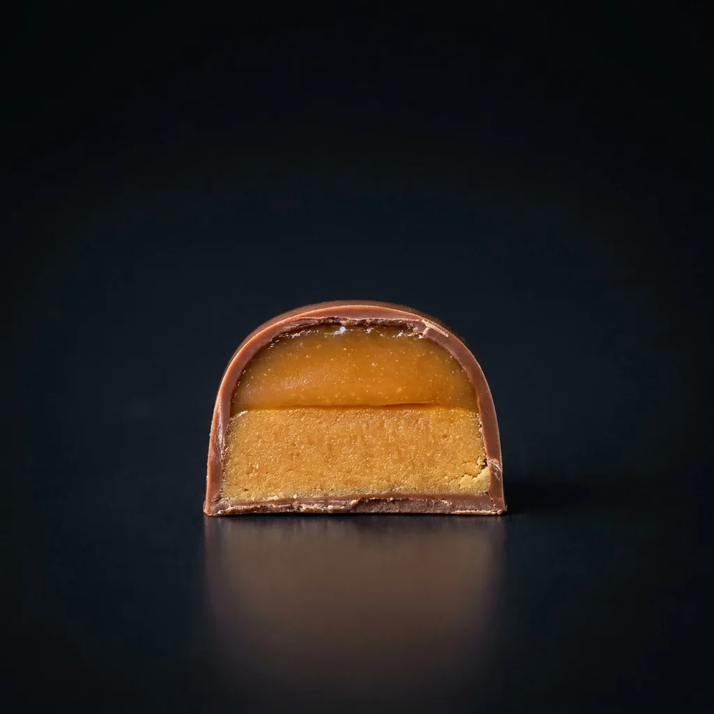 Bombón de Praliné de cacahuete y caramelo salado, cortado para mostrar el relleno