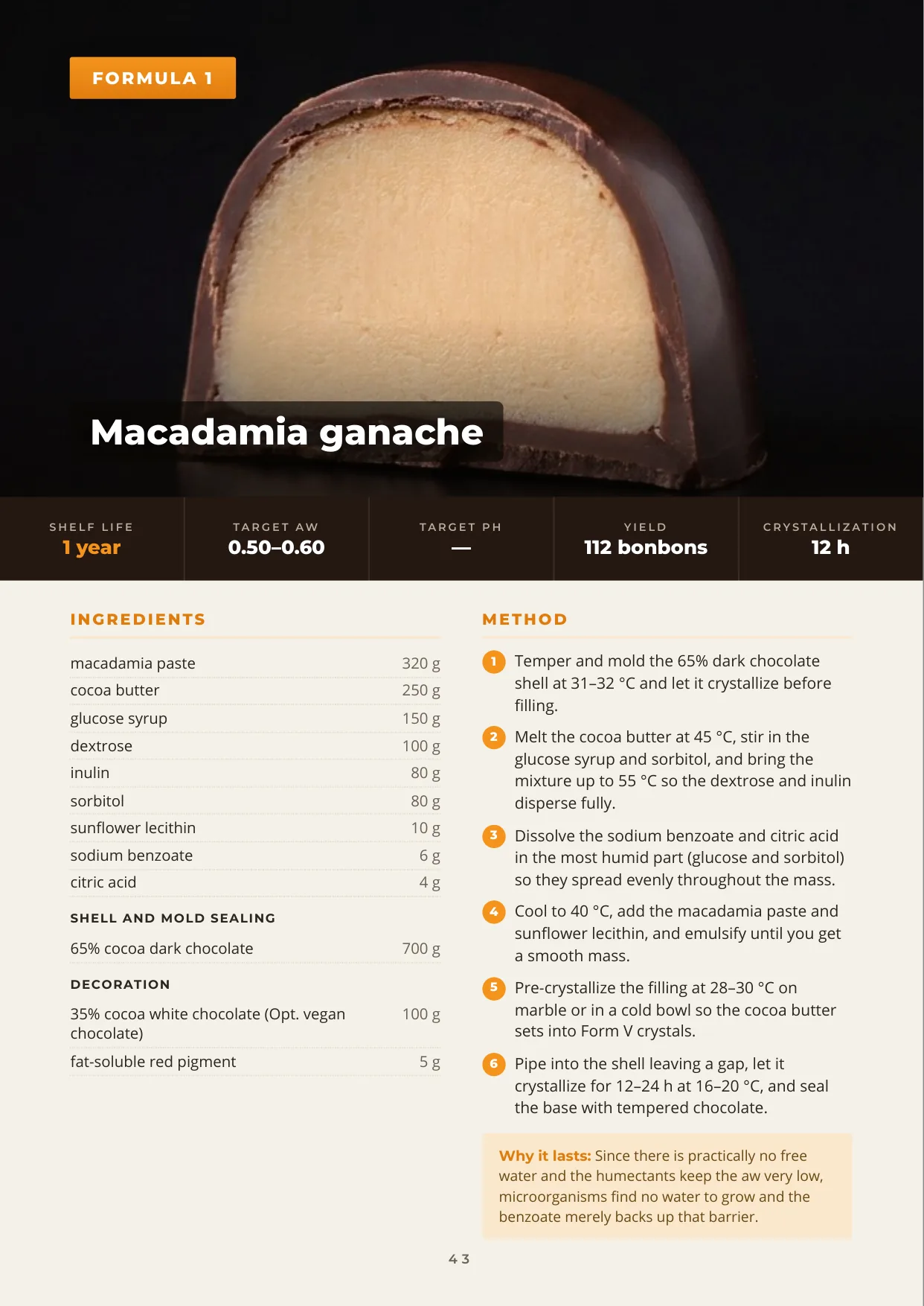 Formula page: photographed bonbon, technical spec sheet (shelf life, aw, pH) and ingredients to the gram