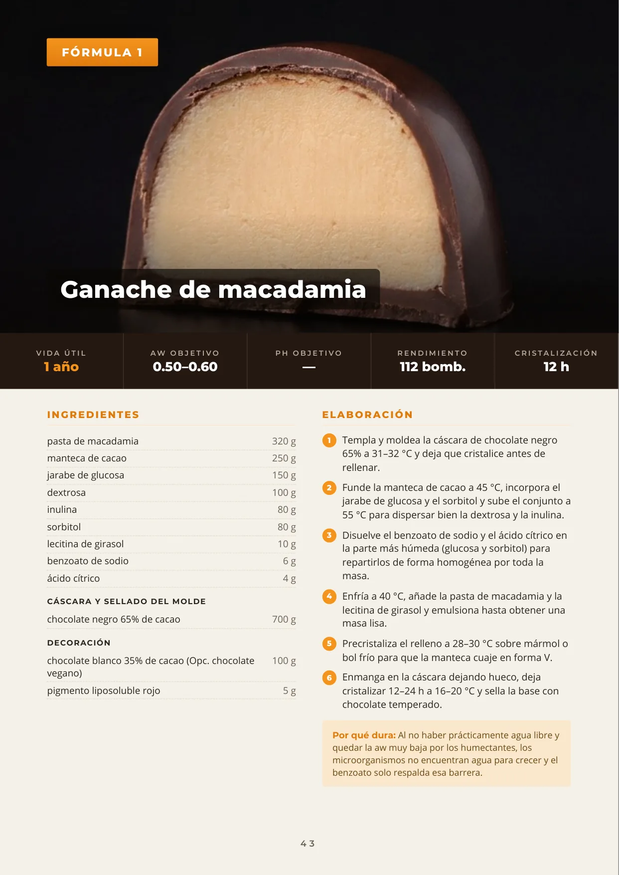 Página de fórmula: bombón fotografiado, ficha técnica (vida útil, aw, pH) e ingredientes al gramo
