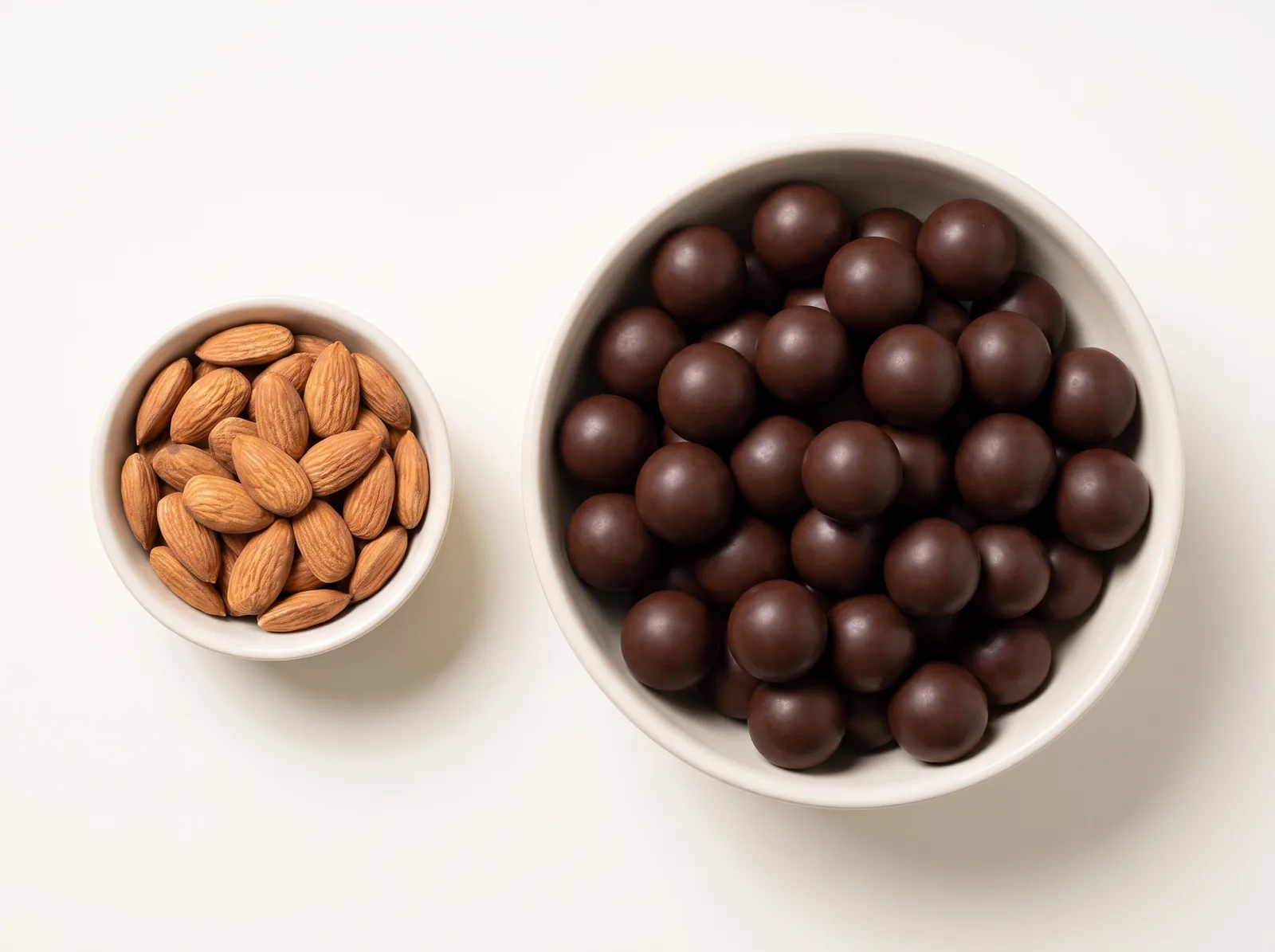 Dos boles uno al lado del otro, vistos desde arriba: uno pequeño con 1000 gramos de almendra cruda y otro mucho mayor con los 3470 gramos de grageas de chocolate negro terminadas en que se convirtieron.
