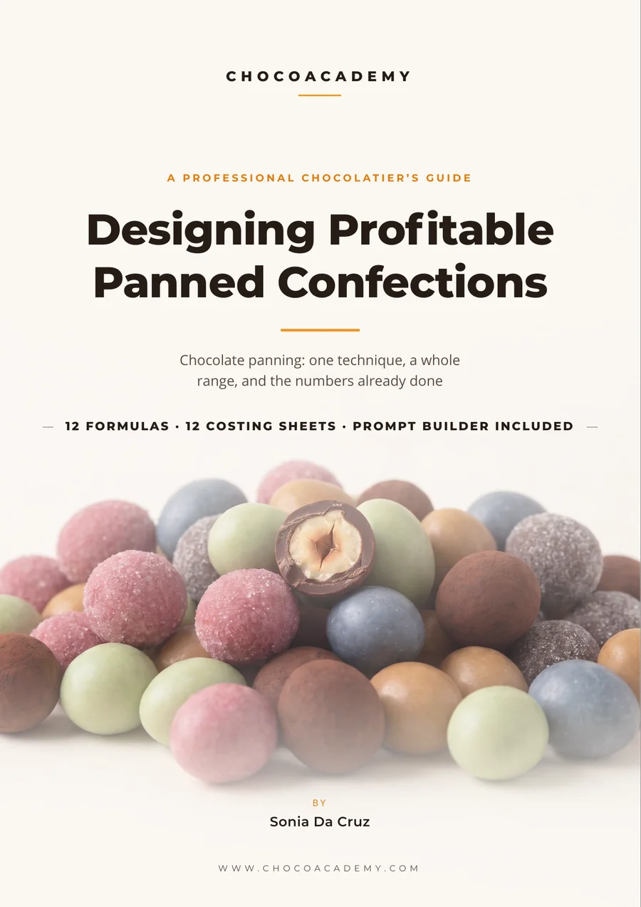 Cover of Designing Profitable Panned Confections, over a pile of panned pieces in a dozen colors.