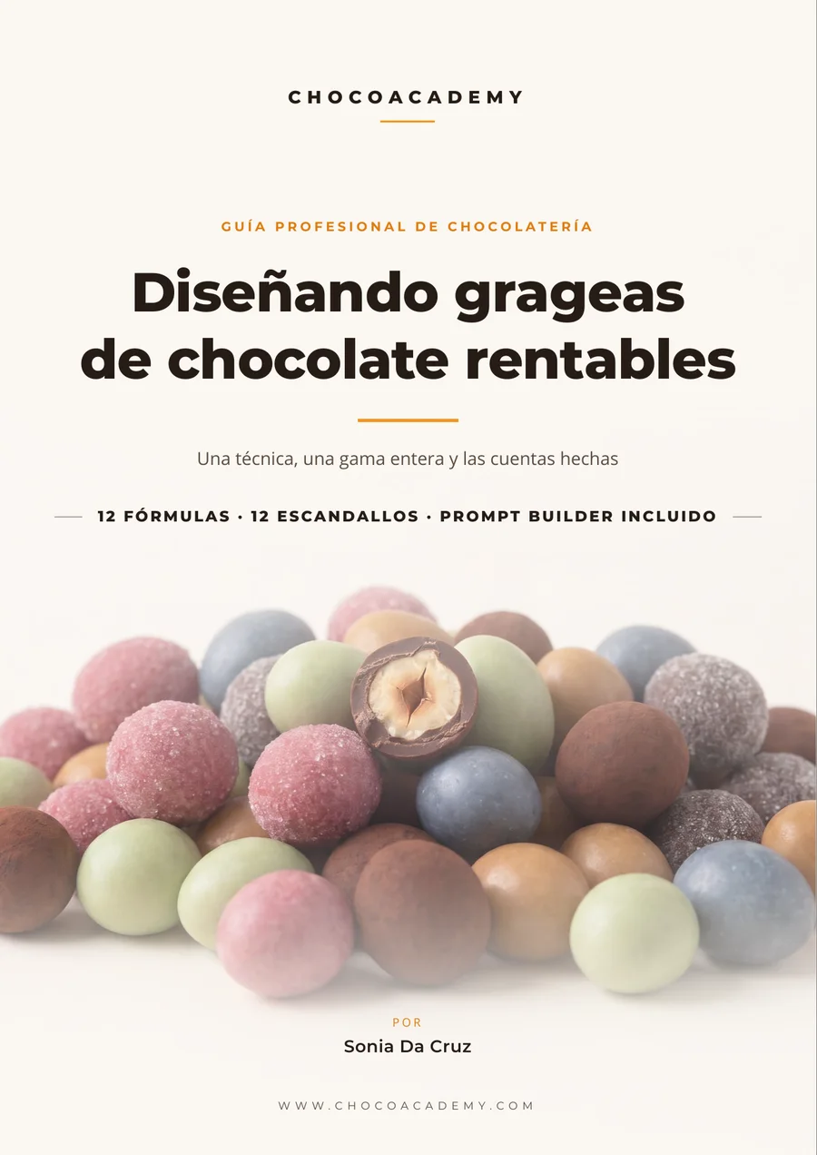 Portada de Diseñando grageas de chocolate rentables, sobre un montón de grageas de una docena de colores.