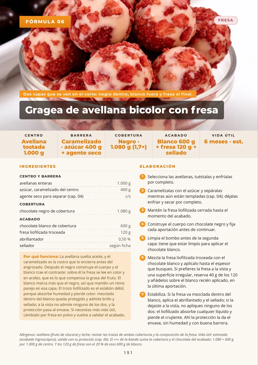 Página del libro: la fórmula 06, gragea de avellana bicolor con fresa, con su foto, la banda de centro, barrera, cobertura, acabado y vida útil objetivo, la tabla de ingredientes al gramo y una elaboración de siete pasos.